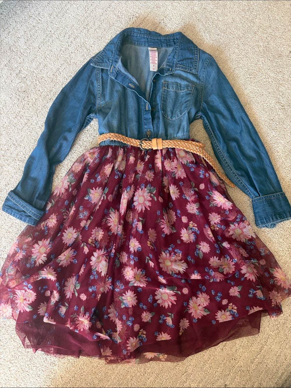 Justice Denim Jacket with Burgundy Floral Tulle Dress